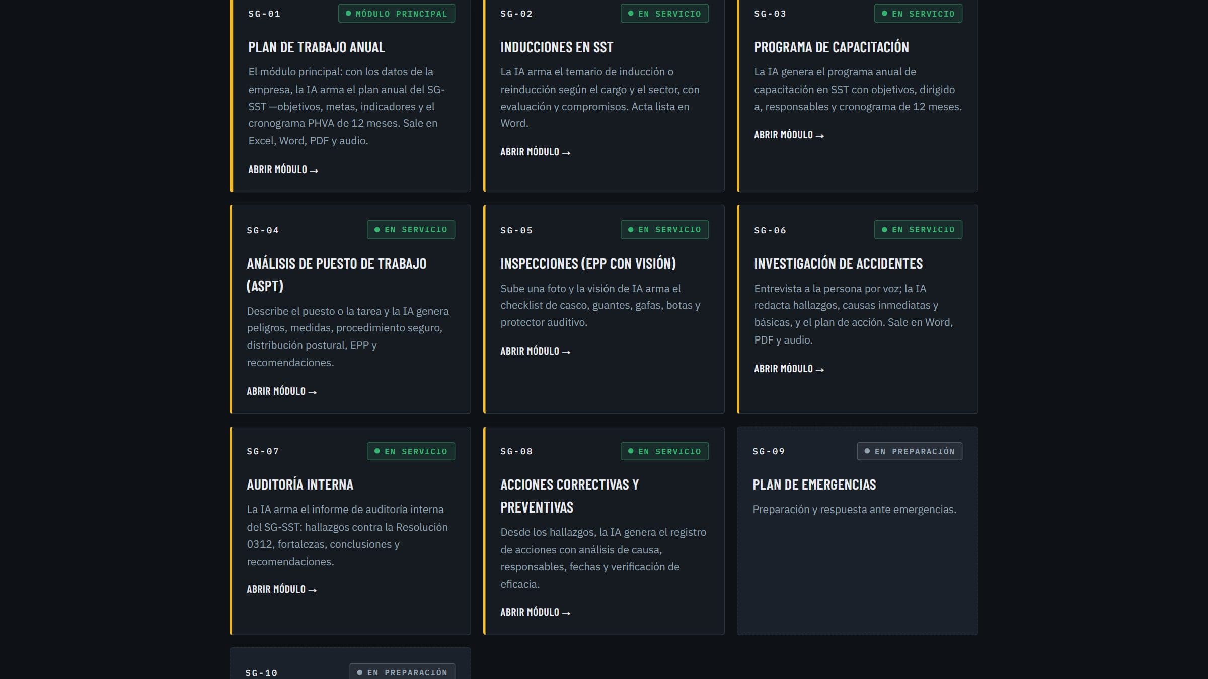 Cada módulo es un agente especializado en una parte del SG-SST.