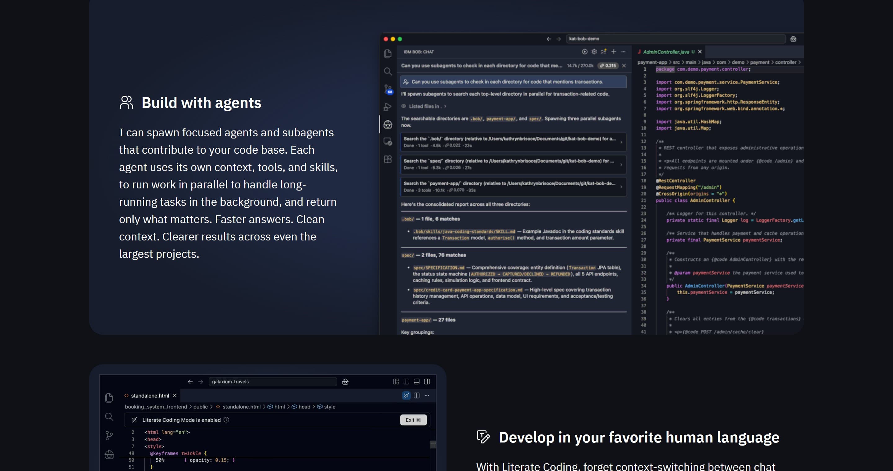 Bob spawning subagents in parallel: each one searches a different directory and returns only what matters. That's how it keeps context clean and cost low, even on large projects.