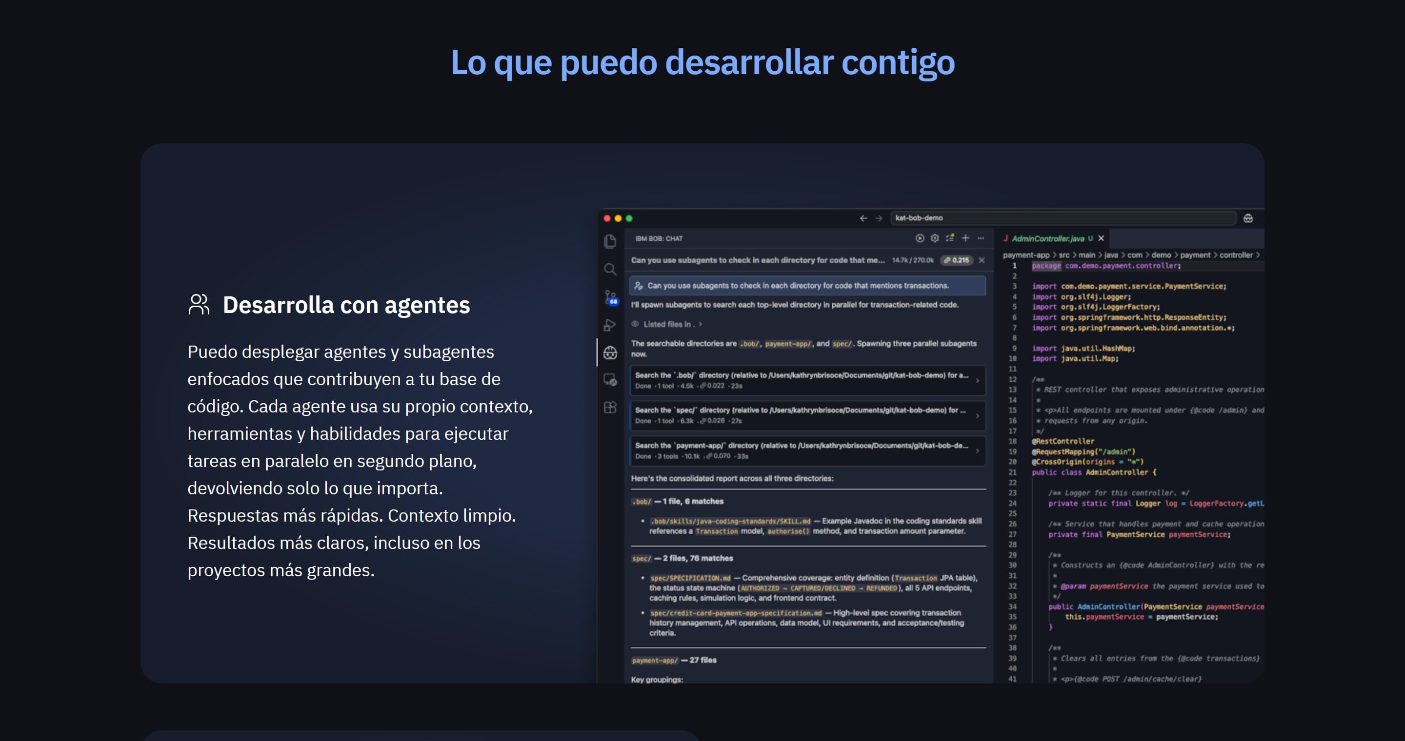 Bob lanzando subagentes en paralelo: cada uno busca en un directorio distinto y devuelve solo lo que importa. Así mantiene el contexto limpio y el costo bajo, incluso en proyectos grandes.