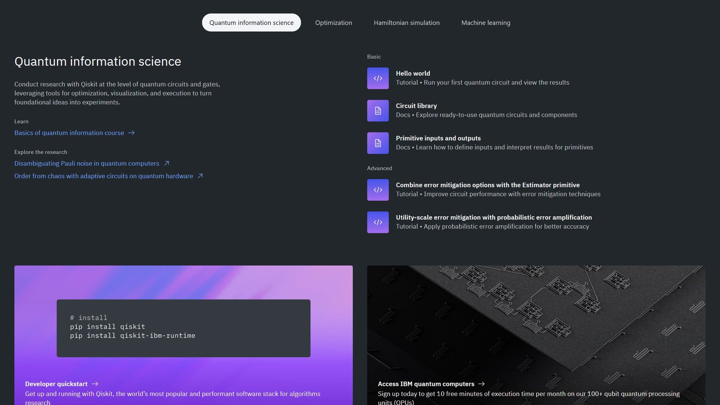 La IBM Quantum Platform desde el navegador: instalas Qiskit (pip install qiskit), corres tu primer circuito y consigues 10 minutos gratis al mes en procesadores reales de más de 100 qubits.